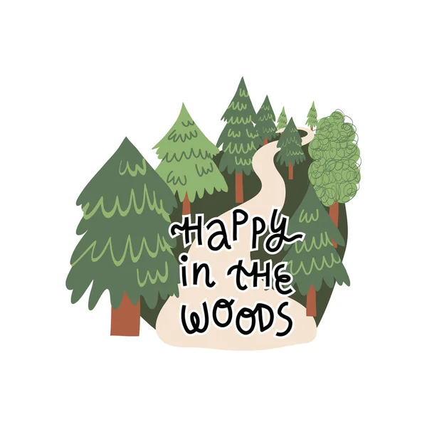 Diseño de tarjetas de pasatiempo al aire libre de verano, otoño. Feliz en el bosque de letras y bosque con árboles de hoja caduca y coníferas. — Vector de stock