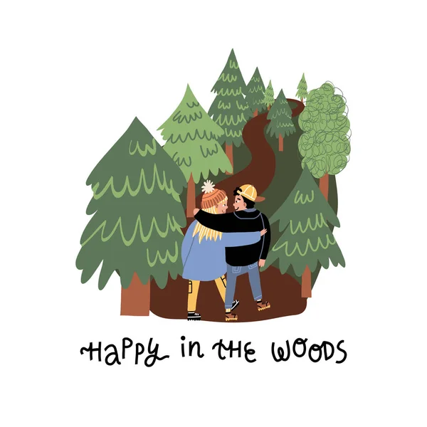 Tarjeta de pasatiempo al aire libre de verano, otoño. Feliz en el bosque letras y pareja en el amor abrazos y caminar en el bosque. — Vector de stock