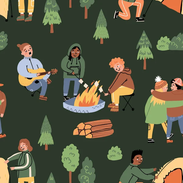 Foresta, passatempo all'aperto modello senza soluzione di continuità. Amici che camminano nel bosco, montano una tenda, patatine marshmallow in fiamme. — Vettoriale Stock