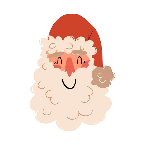 Mignon Père Noël souriant avec barbe. Dessin animé personnage de Noël heureux sur fond isolé. Autocollant de Nouvel An dessiné à la main. — Image vectorielle