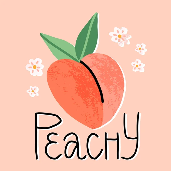 Niedliche handgezeichnete Pfirsichfrucht umgeben Pfirsichbaum blühenden Blumen und lustigen Schriftzug Peachy. Zeichentrickvektorillustration — Stockvektor