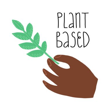 El yazısı olan bitki temelli ürün simgesi. Vejetaryen, vejetaryen gıda sembolü. Bir el yeşil bir bitki dalını tutar, yaprak