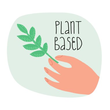 El yazısı olan bitki temelli ürün simgesi. Vejetaryen, vejetaryen gıda sembolü. Bir el yeşil bir bitki dalını tutar, yaprak