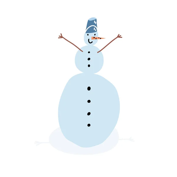 Un muñeco de nieve dibujado a mano lindo, congelado con brazos de almuerzo, nariz de zanahoria y sombrero de cubo. Ilustración aislada vectorial. — Archivo Imágenes Vectoriales