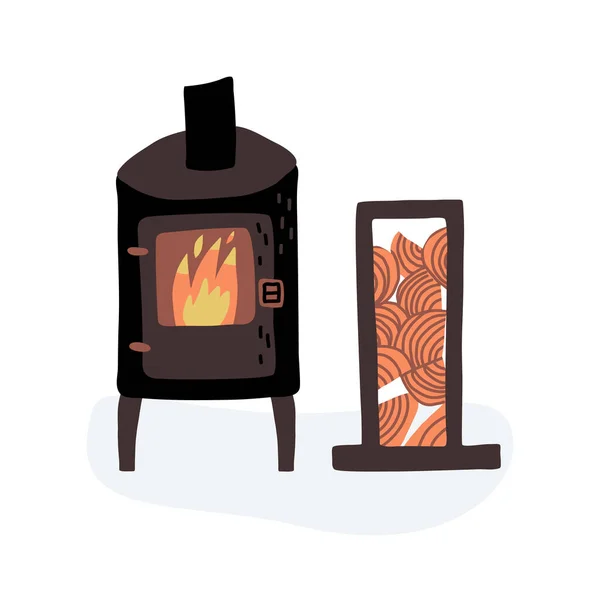 Egy fazekas tűzhely égő tűzzel és fatáblával, hogy tüzet gyújtson a tűzhelyen.. — Stock Vector
