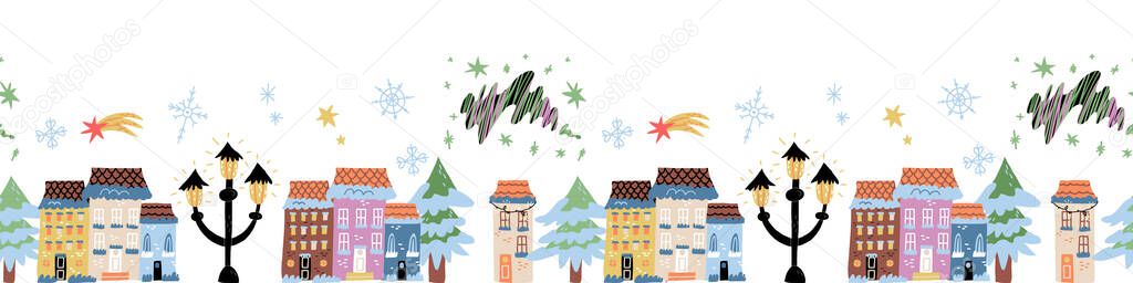 Houses in snow, cozy exterior on Christmas Eve, winter cityscape seamless border. Old European building facades set.