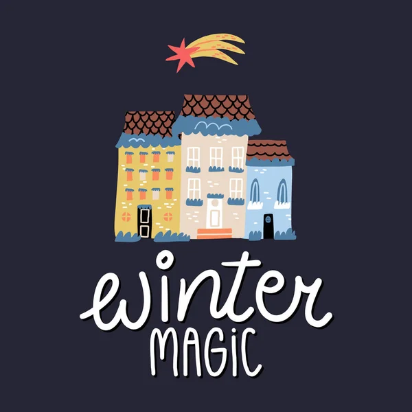 Карточка, дизайн баннера с надписью "Зимняя магия". Старые фасады зданий, дома в канун Рождества, падающая звезда. — стоковый вектор