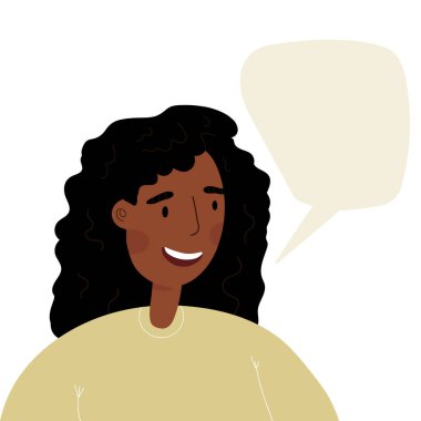 Genç bir kadın, gülümseyerek monolog yapıyor. Konuşan mutlu Afrikalı kız konuşma baloncuğu olan düz stil karakter..