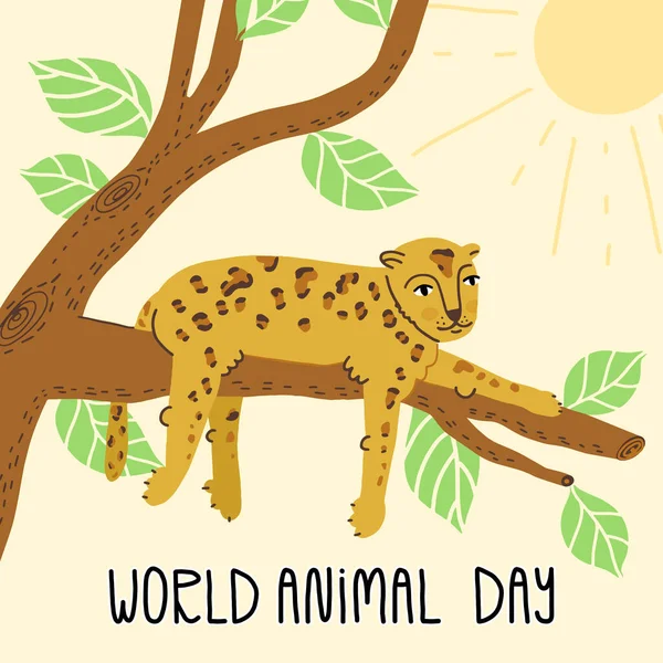 Světový zvířecí den banner design s ručním nápisem. Roztomilý leopard nebo gepard ležící na větvi stromu, má sluneční paprsky. — Stockový vektor