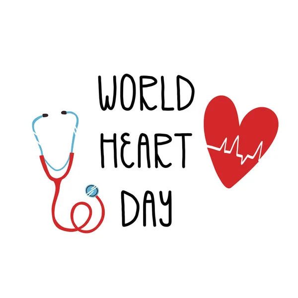 Carte de jour de coeur du monde, conception de bannière. Journée de sensibilisation aux maladies cardiovasculaires. Coeur texturé dessiné à la main et texte lettré. — Image vectorielle