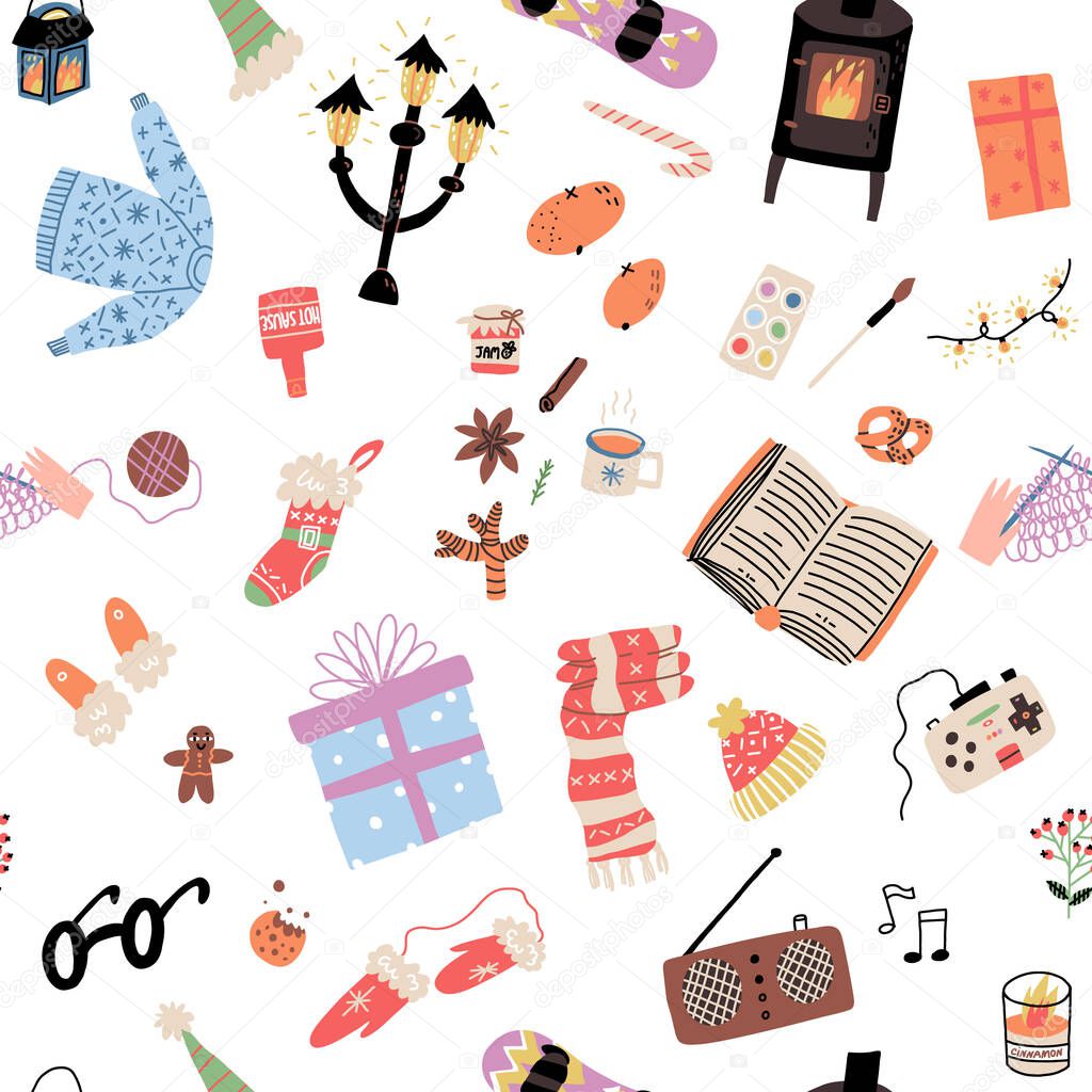 Winter sport, holidays pastime seamless pattern. Christmas sweets, gift, stocking, fairy lights, hobbies, warm clothes.