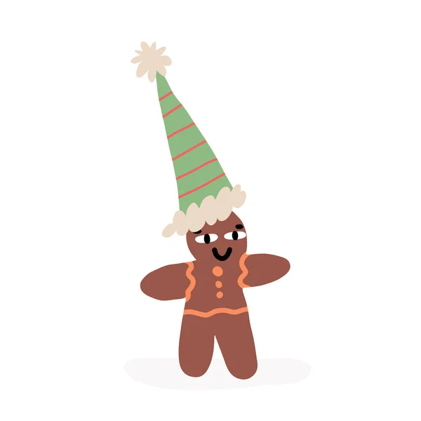 Carino biscotto all'uomo di pan di zenzero nel divertente cappello pompon dell'aiutante di Babbo Natale. Illustrazione isolata disegnata a mano vettoriale. — Vettoriale Stock
