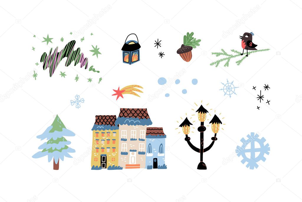 Christmas magic, wintertime outdoors set. House in snow, aurora borealis, falling star, lanterns, snowflakes, snowbird.