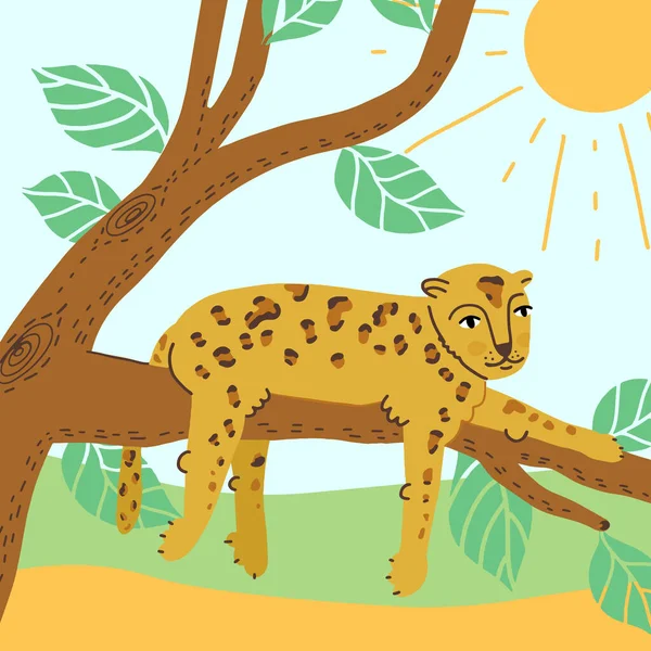 Diseño del estandarte del Día Mundial de los Animales. Lindo leopardo sonriente o guepardo acostado en una rama de árbol, disfruta de los rayos del sol. — Vector de stock