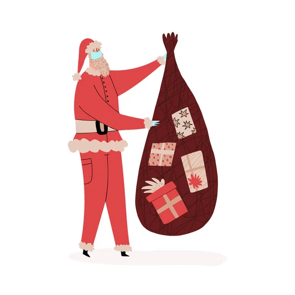 Санта-Клаус в маске и латексных перчатках с мешком подарков. Рождественские каникулы во время пандемии Ковид-19. — стоковый вектор