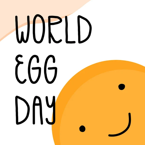 World Egg day lettering con felice carattere Egg. Tuorlo con viso sorridente e bianco. sfondo uova fritte, banner — Vettoriale Stock