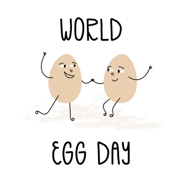 Bandiera della giornata mondiale delle uova con scritte. Coppia di uova che ballano, si tengono per mano, si sorridono, Personaggi carini innamorati. — Vettoriale Stock