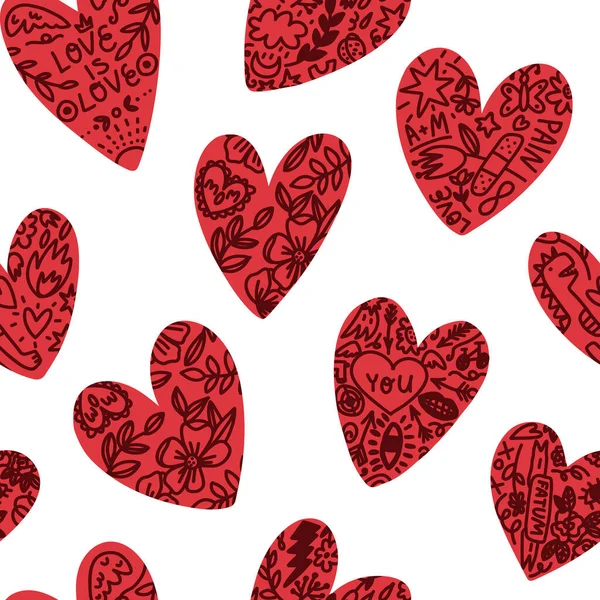 バレンタインデーはシームレスなパターンを隔離しました。様々な記号、フレーズ、メッセージと入れ墨で手描きの心. — ストックベクタ