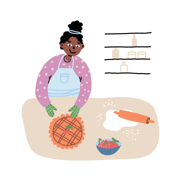 Pasatiempo en casa, concepto de cocina. Una mujer feliz en la cocina hace un pastel de cereza. Bonita ilustración dibujada a mano. — Vector de stock