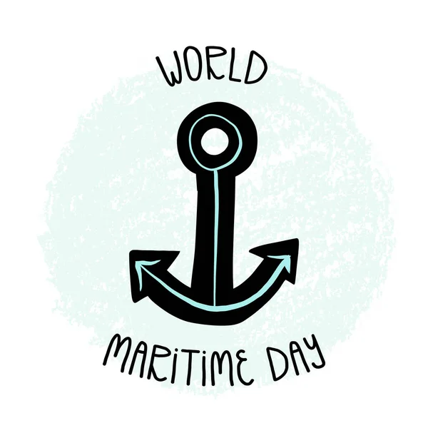 Giornata marittima mondiale mano lettering, ancora, il simbolo della speranza e chiaro oceano acqua sfondo astratto. — Vettoriale Stock