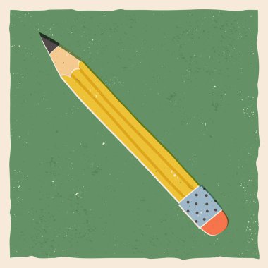 Şirin retro öğretmenler günü, okul kartı tasarımı. Yeşil arkaplanda silgisi olan el çizimi sarı kalem..