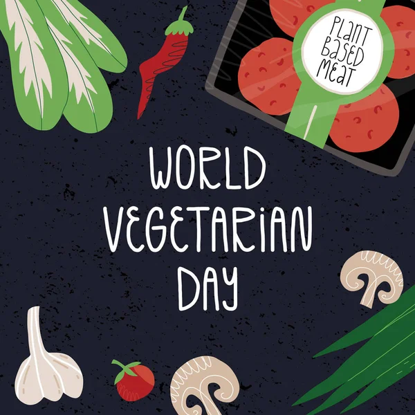 Světový vegetariánský den. Rostlinné maso, balení zeleninových hamburgerů, houby, pak choi, cibule, cherry rajče. — Stockový vektor