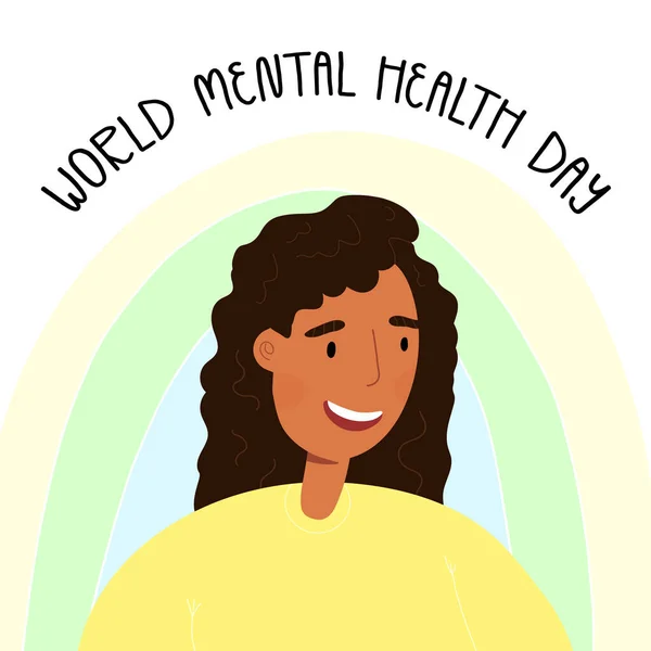 Journée mondiale de la santé mentale. Portrait d'une femme souriante heureuse de bonne humeur avec arc-en-ciel en arrière-plan. — Image vectorielle