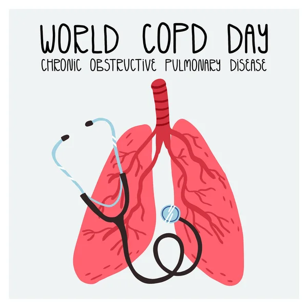 World COPD chronische obstructieve longziekte dagkaart. Menselijk longsysteem en professionele medische stethoscoop. — Stockvector