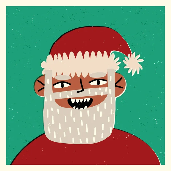 Natale, auguri di Capodanno. Carino afroamericano Santa con la barba felicemente sorridente. — Vettoriale Stock