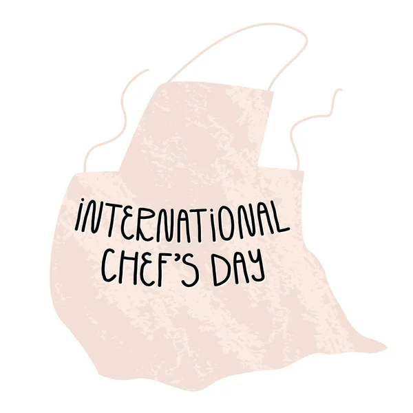 Design della carta della Giornata Internazionale dello Chef. Grazioso grembiule cuochi, scritte a mano. Illustrazione del cartone animato vettoriale. — Vettoriale Stock