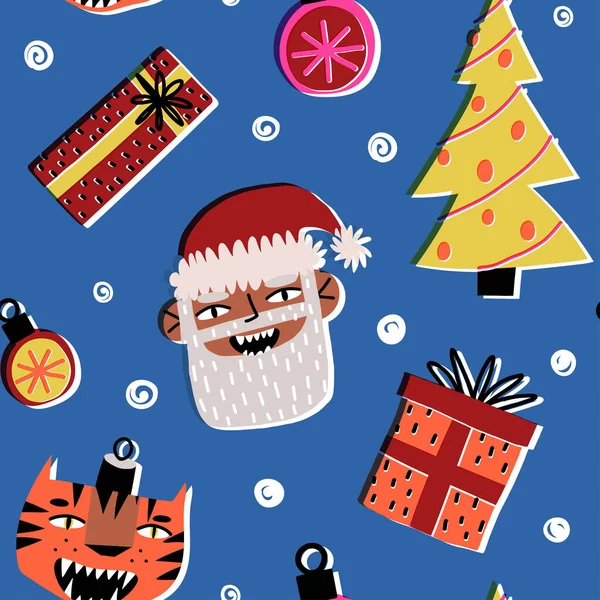 Funny Christmas, New Year seamless pattern. Bright Christmas tree, presents, baubles, happy Santa Claus, the tiger. — Stock Vector