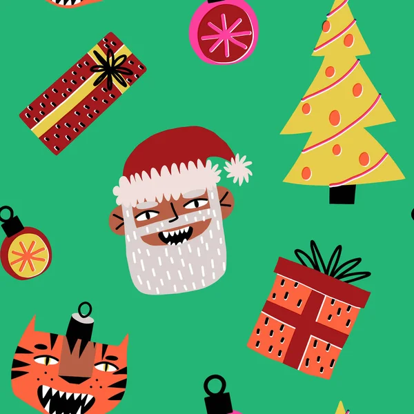 Забавное Рождество, Новый год без швов. Яркая елка, подарки, безделушки, счастливый Санта Клаус, тигр. — стоковый вектор