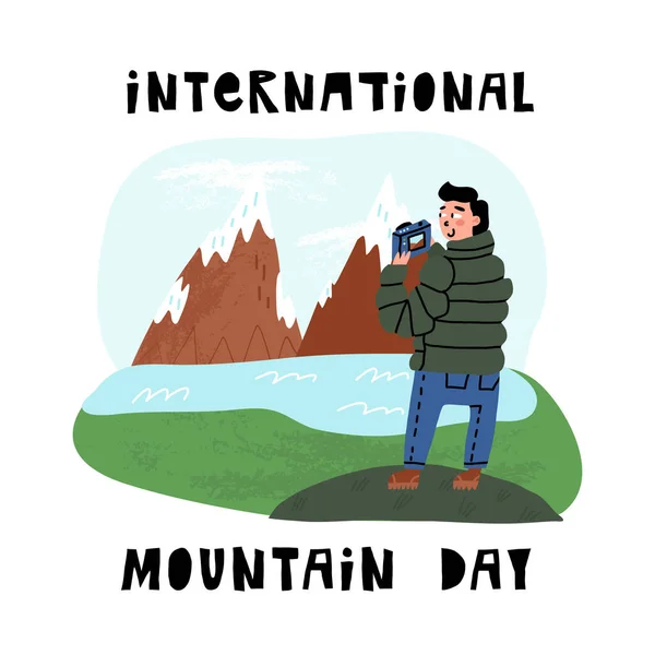 Biglietto della Giornata Internazionale della Montagna. Un ragazzo con la macchina fotografica scattare una foto di un enorme belle montagne con cime di neve e lago. — Vettoriale Stock