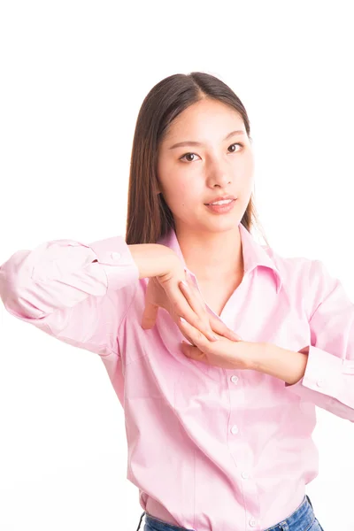 Joven mujer de negocios de pie aislada en blanco — Foto de Stock