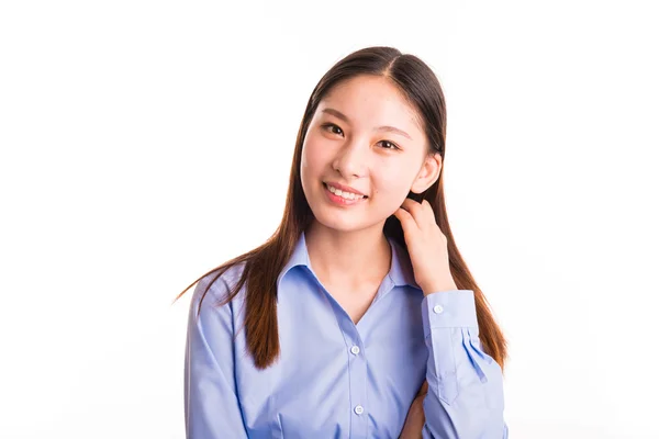 Joven mujer de negocios de pie aislada en blanco — Foto de Stock