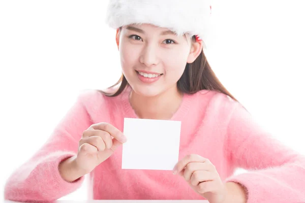 Joven mujer asiática con sombrero de Navidad aislado en blanco . —  Fotos de Stock