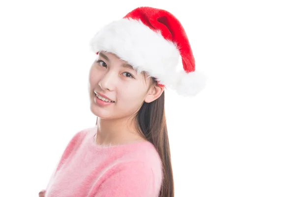 Молода азіатка з різдвяним капелюхом ізольована на білому . — стокове фото