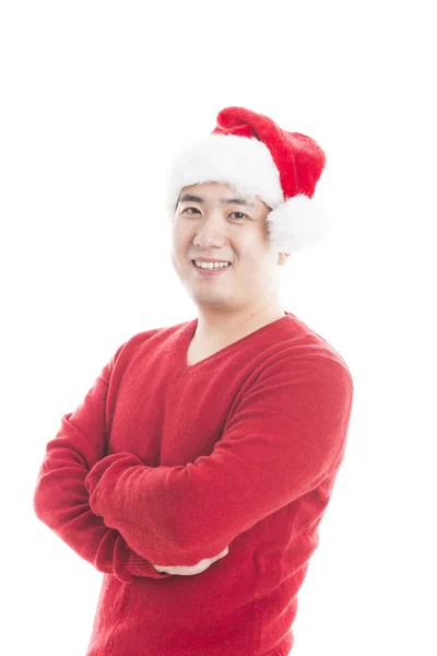 Jeune homme asiatique avec chapeau de Noël isolé sur blanc . — Photo