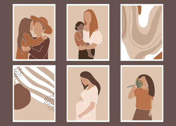 Bir dizi minimalist poster. Çocuklu bir anne. Hamile bir kadın. Modern sanat. Soyutlama. Pastel renklerde vektör illüstrasyonu.