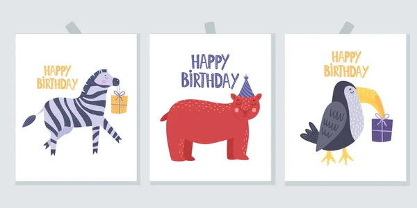 跟动物打招呼的卡片生日快乐Happy Birthday Day 有斑马的贺卡带着熊的贺卡 明信片上有一只非洲鸟白色背景上的矢量说明 — 图库矢量图片