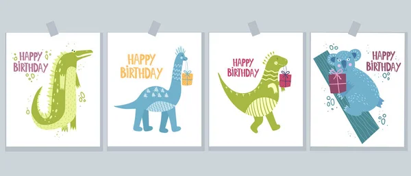 一套有野生动物和恐龙的可爱卡片 白色背景的生日快乐贺卡 矢量图解 — 图库矢量图片