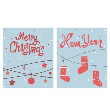 Mavi bir arkaplanda Yeni Yıl kartları