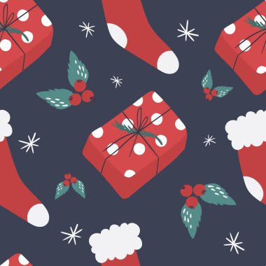 Hediyeler ve çoraplarla kusursuz bir yeni yıl deseni. Vektör illüstrasyonu.