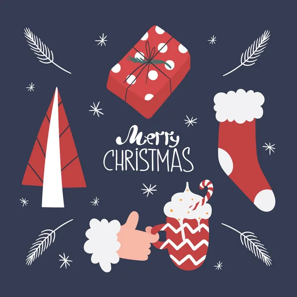 Set Elements New Year Christmas Tree Sock Gift Hot Chocolate — Stock Vector