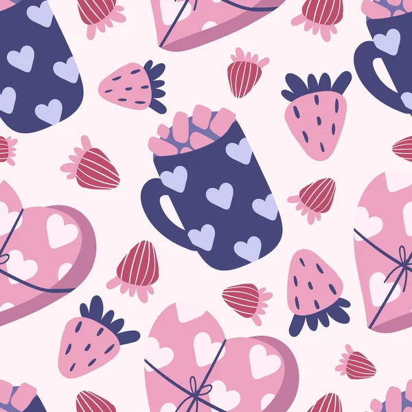 Valentijnsdag Een Naadloze Pattren Met Cappuccino Aardbeien Hartjes Vector Illustratie — Stockvector