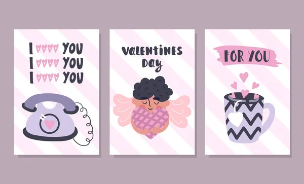 Lindas Tarjetas Felicitación Para Día San Valentín Ilustración Vectorial Estilo — Archivo Imágenes Vectoriales