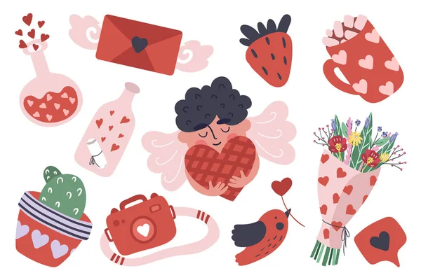Collection Valentine Day Items Cartoon Style Векторная Иллюстрация — стоковый вектор