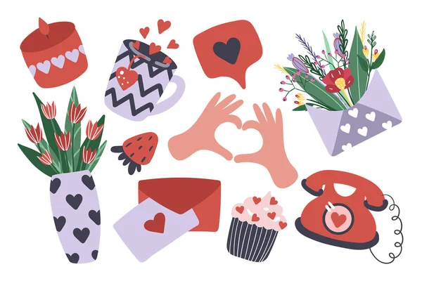 Ensemble Articles Mignons Pour Saint Valentin Bougie Thé Bouquet Fleurs — Image vectorielle