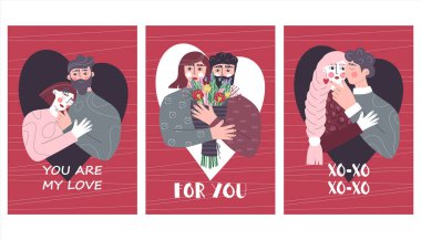 Sevgililer Günü 'nde birbirine aşık çiftler için bir sürü hoş tebrik kartı. Vektör illüstrasyonu.