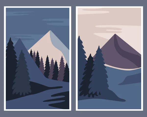 Set Posters Winter Landscape Mountains Trees Abstraction Vector Illustration — Archivo Imágenes Vectoriales